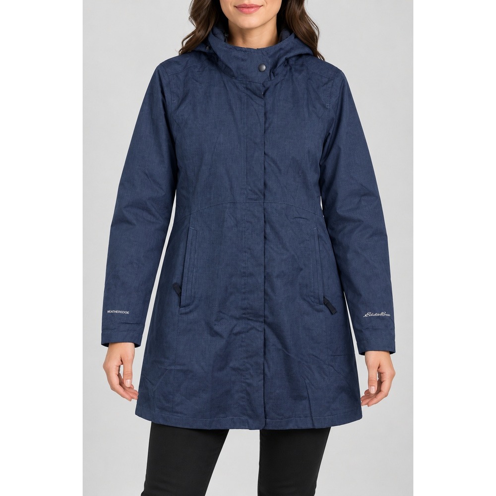 Eddie Bauer WeatherEdge Trench Coat Women L Navy Blue Hooded Fall Winter